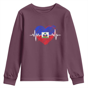 Haitian Flag Heartbeat EKG Pulse Graphic Youth Sweatshirt My Heart Beats For Haiti Identity Heritage Pride TS02 Maroon Print Your Wear