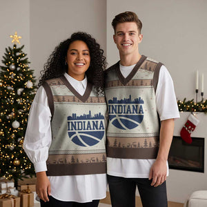 Indiana Skyline Basketball V-Neck Knit Sweater Vest Distressed Urban Hoops Graphic for Indy Fans TS02 Mocha Mousse Print Your Wear