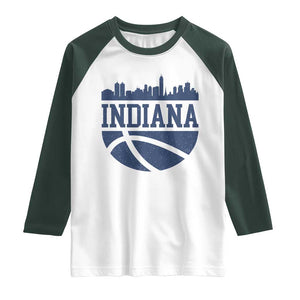 Indiana Skyline Basketball Raglan Shirt Distressed Urban Hoops Graphic for Indy Fans TS02 White Dark Forest Green Print Your Wear