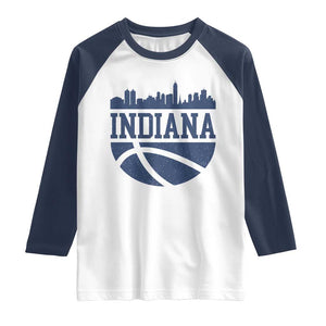 Indiana Skyline Basketball Raglan Shirt Distressed Urban Hoops Graphic for Indy Fans TS02 White Navy Print Your Wear