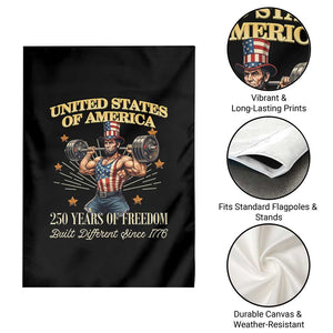 USA 250 Years of Freedom Muscular Uncle Sam Weightlifter Garden Flag Built Different Since 1776 Funny Patriotic Buff Graphic