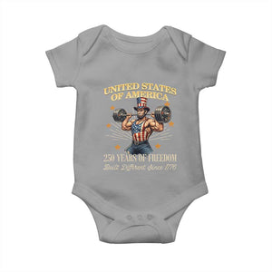 USA 250 Years of Freedom Muscular Uncle Sam Weightlifter Baby Onesie Built Different Since 1776 Funny Patriotic Buff Graphic