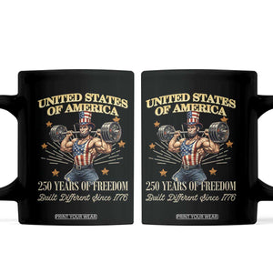 USA 250 Years of Freedom Muscular Uncle Sam Weightlifter Coffee Mug Built Different Since 1776 Funny Patriotic Buff Graphic