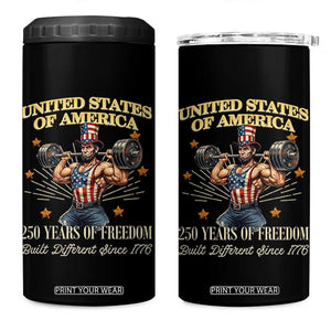 USA 250 Years of Freedom Muscular Uncle Sam Weightlifter 4 in 1 Can Cooler Tumbler Built Different Since 1776 Funny Patriotic Buff Graphic