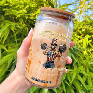 USA 250 Years of Freedom Muscular Uncle Sam Weightlifter Glass Can Built Different Since 1776 Funny Patriotic Buff Graphic