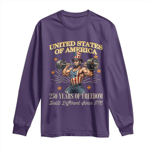USA 250 Years of Freedom Muscular Uncle Sam Weightlifter Long Sleeve Shirt Built Different Since 1776 Funny Patriotic Buff Graphic