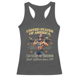 USA 250 Years of Freedom Muscular Uncle Sam Weightlifter Racerback Tank Top Built Different Since 1776 Funny Patriotic Buff Graphic