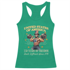 USA 250 Years of Freedom Muscular Uncle Sam Weightlifter Racerback Tank Top Built Different Since 1776 Funny Patriotic Buff Graphic