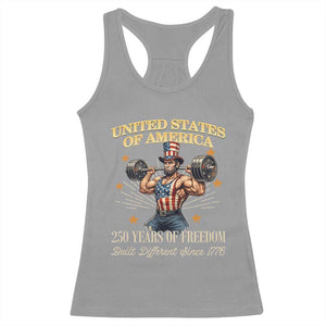 USA 250 Years of Freedom Muscular Uncle Sam Weightlifter Racerback Tank Top Built Different Since 1776 Funny Patriotic Buff Graphic