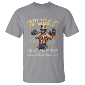 USA 250 Years of Freedom Muscular Uncle Sam Weightlifter T Shirt Built Different Since 1776 Funny Patriotic Buff Graphic