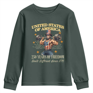 USA 250 Years of Freedom Muscular Uncle Sam Weightlifter Youth Sweatshirt Built Different Since 1776 Funny Patriotic Buff Graphic