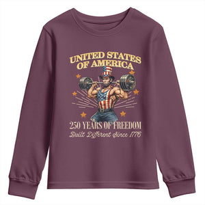USA 250 Years of Freedom Muscular Uncle Sam Weightlifter Youth Sweatshirt Built Different Since 1776 Funny Patriotic Buff Graphic