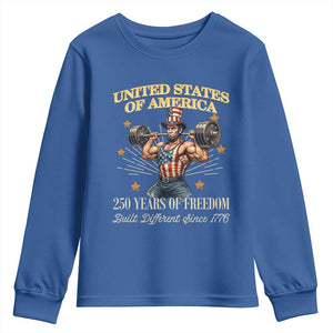 USA 250 Years of Freedom Muscular Uncle Sam Weightlifter Youth Sweatshirt Built Different Since 1776 Funny Patriotic Buff Graphic