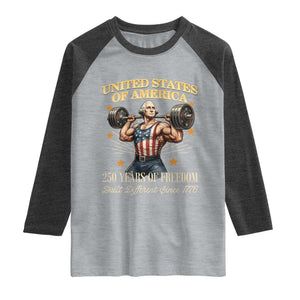 USA 250 Years of Freedom Muscular George Washington Weightlifter Raglan Shirt Built Different Since 1776 Funny Patriotic 1st President Bodybuilder