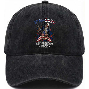 Let Freedom Rock George Washington Rock Star Washed Cotton Baseball Cap Funny Electric Guitar Player American Flag Suit 1776 to 2026 Semiquincentennial