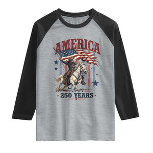 250 Years Since 1776 Cowboy on Horseback Raglan Shirt Vintage Patriotic Western Style American Flag Semiquincentennial
