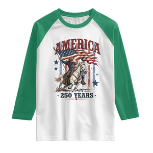 250 Years Since 1776 Cowboy on Horseback Raglan Shirt Vintage Patriotic Western Style American Flag Semiquincentennial