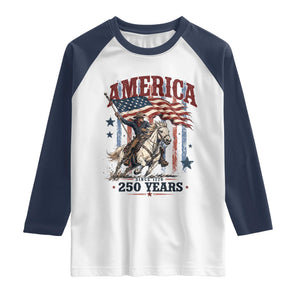 250 Years Since 1776 Cowboy on Horseback Raglan Shirt Vintage Patriotic Western Style American Flag Semiquincentennial