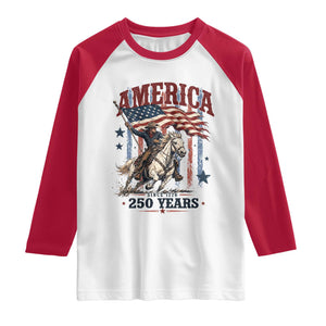250 Years Since 1776 Cowboy on Horseback Raglan Shirt Vintage Patriotic Western Style American Flag Semiquincentennial