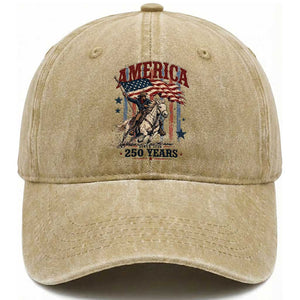 250 Years Since 1776 Cowboy on Horseback Washed Cotton Baseball Cap Vintage Patriotic Western Style American Flag Semiquincentennial
