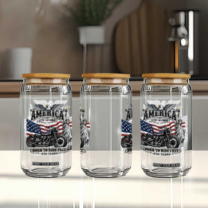America Born to Ride Free 250 Years Biker Glass Can American Flag Chopper Motorcycle Statue of Liberty 1776 to 2026 Semiquincentennial
