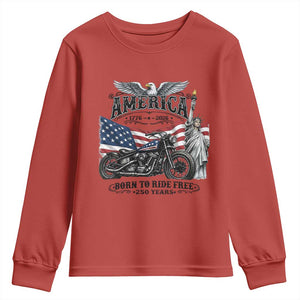 America Born to Ride Free 250 Years Biker Youth Sweatshirt American Flag Chopper Motorcycle Statue of Liberty 1776 to 2026 Semiquincentennial