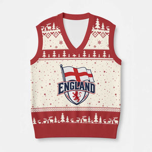 England Patriotic Crest St George Cross Flag Graphic V-Neck Knit Sweater Vest English Lion Crest Heritage Pride Souvenir TS02 Beige Red Print Your Wear