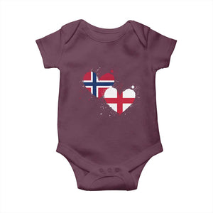 Distressed Norway and England Crossed Flags Dual Heart Graphic Baby Onesie Love Half Norwegian Half English Pride TS02 Maroon Print Your Wear