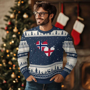 Distressed Norway and England Crossed Flags Dual Heart Graphic Ugly Christmas Sweater Love Half Norwegian Half English Pride TS02 Navy Beige Print Your Wear