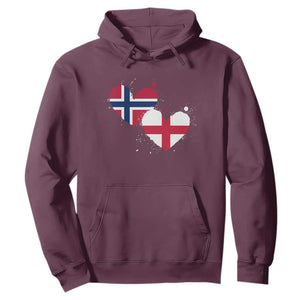Distressed Norway and England Crossed Flags Dual Heart Graphic Hoodie Love Half Norwegian Half English Pride TS02 Maroon Print Your Wear