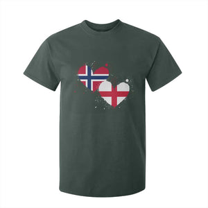 Distressed Norway and England Crossed Flags Dual Heart Graphic T Shirt For Kid Love Half Norwegian Half English Pride TS02 Dark Forest Green Print Your Wear
