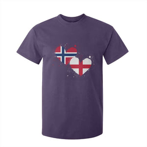 Distressed Norway and England Crossed Flags Dual Heart Graphic T Shirt For Kid Love Half Norwegian Half English Pride TS02 Purple Print Your Wear