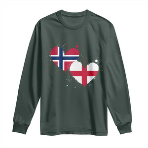 Distressed Norway and England Crossed Flags Dual Heart Graphic Long Sleeve Shirt Love Half Norwegian Half English Pride TS02 Dark Forest Green Print Your Wear