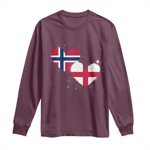 Distressed Norway and England Crossed Flags Dual Heart Graphic Long Sleeve Shirt Love Half Norwegian Half English Pride TS02 Maroon Print Your Wear