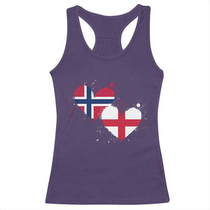 Distressed Norway and England Crossed Flags Dual Heart Graphic Racerback Tank Top Love Half Norwegian Half English Pride TS02 Purple Print Your Wear