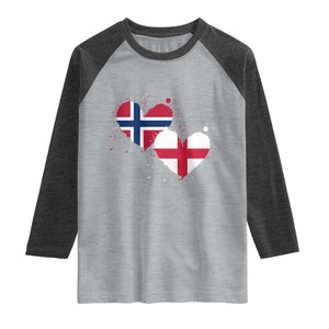 Distressed Norway and England Crossed Flags Dual Heart Graphic Raglan Shirt Love Half Norwegian Half English Pride TS02 Heather Gray Heather Charcoal Print Your Wear