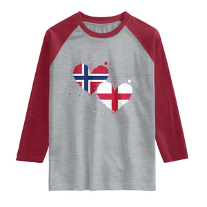 Distressed Norway and England Crossed Flags Dual Heart Graphic Raglan Shirt Love Half Norwegian Half English Pride TS02 Heather Gray Heather Red Print Your Wear