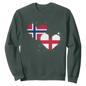 Distressed Norway and England Crossed Flags Dual Heart Graphic Sweatshirt Love Half Norwegian Half English Pride TS02 Dark Forest Green Print Your Wear
