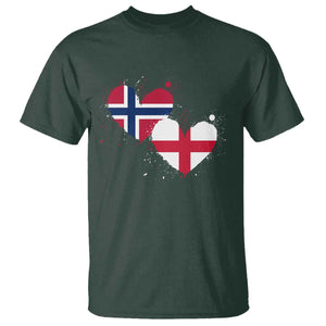 Distressed Norway and England Crossed Flags Dual Heart Graphic T Shirt Love Half Norwegian Half English Pride TS02 Dark Forest Green Print Your Wear