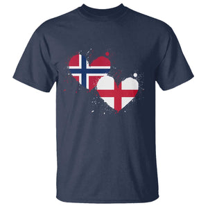 Distressed Norway and England Crossed Flags Dual Heart Graphic T Shirt Love Half Norwegian Half English Pride TS02 Navy Print Your Wear