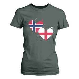 Distressed Norway and England Crossed Flags Dual Heart Graphic T Shirt For Women Love Half Norwegian Half English Pride TS02 Dark Forest Green Print Your Wear