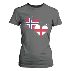 Distressed Norway and England Crossed Flags Dual Heart Graphic T Shirt For Women Love Half Norwegian Half English Pride TS02 Dark Heather Print Your Wear