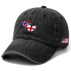 Distressed Norway and England Crossed Flags Dual Heart Graphic Washed Cotton Baseball Cap Love Half Norwegian Half English Pride TS02 Print Your Wear