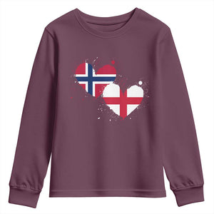 Distressed Norway and England Crossed Flags Dual Heart Graphic Youth Sweatshirt Love Half Norwegian Half English Pride TS02 Maroon Print Your Wear