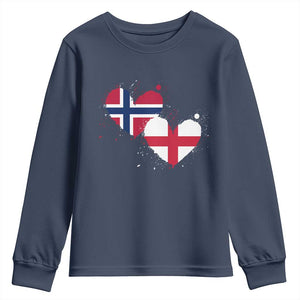 Distressed Norway and England Crossed Flags Dual Heart Graphic Youth Sweatshirt Love Half Norwegian Half English Pride TS02 Navy Print Your Wear