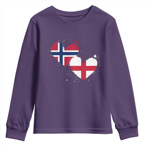 Distressed Norway and England Crossed Flags Dual Heart Graphic Youth Sweatshirt Love Half Norwegian Half English Pride TS02 Purple Print Your Wear
