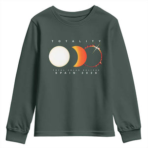 Spain Total Solar Eclipse 2026 Totality Youth Sweatshirt Espana Travel Souvenir Astronomy Geek Gift TS02 Dark Forest Green Print Your Wear