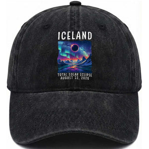 Iceland Total Solar Eclipse 2026 Aurora Washed Cotton Baseball Cap Totality Northern Lights Astronomy Travel Gift