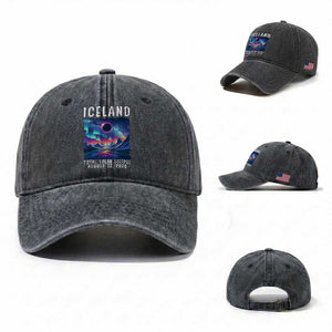 Iceland Total Solar Eclipse 2026 Aurora Washed Cotton Baseball Cap Totality Northern Lights Astronomy Travel Gift