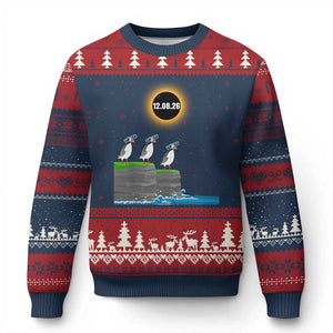 Cute Cartoon Puffins 2026 Total Solar Eclipse Ugly Christmas Sweater August 12 Totality Funny Astronomy Gift TS02 Navy Red Print Your Wear